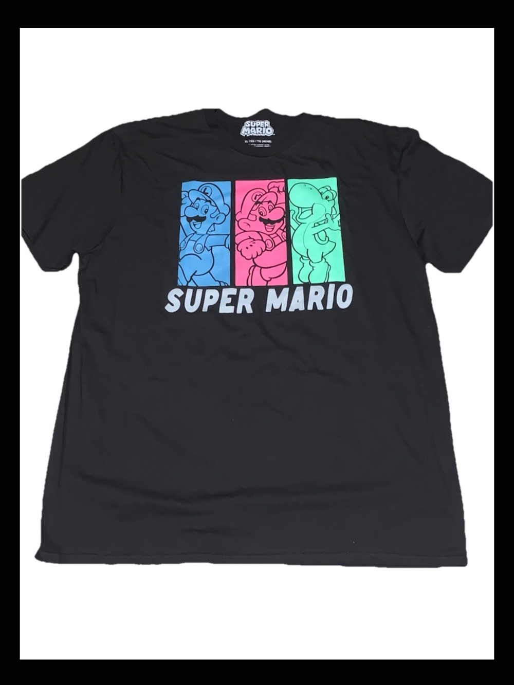 Nintendo Black Super Mario Graphic Tee with Blue, Pink & Green Panels